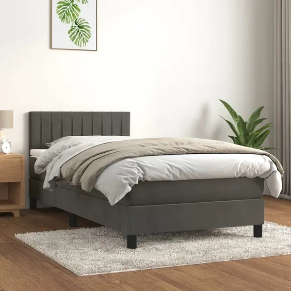 Gossi pat box spring cu saltea, gri inchis, 90x190 cm, catifea