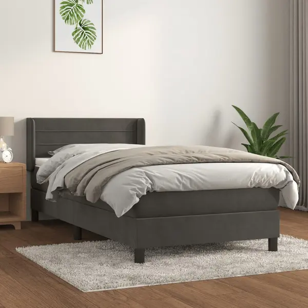 Gossi pat box spring cu saltea, gri inchis, 90x190 cm, catifea
