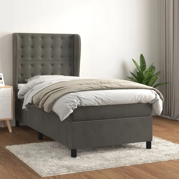 Gossi pat box spring cu saltea, gri inchis, 90x190 cm, catifea