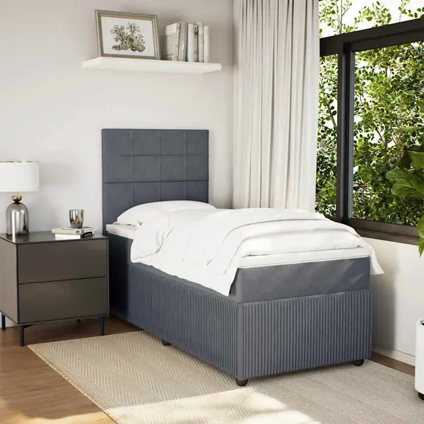 Gossi pat box spring cu saltea, gri inchis, 90x190 cm, catifea