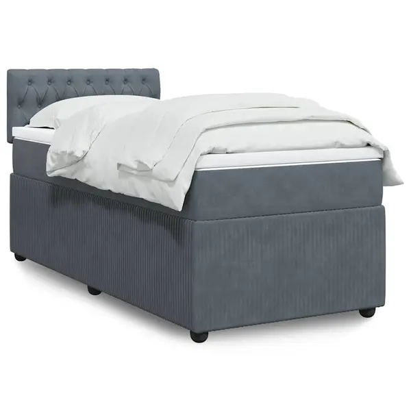 Gossi pat box spring cu saltea, gri inchis, 90x190 cm, catifea