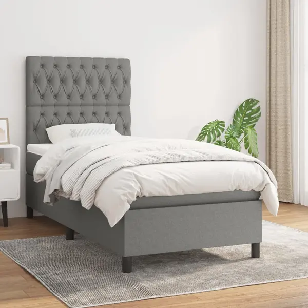 Gossi pat box spring cu saltea, gri inchis, 90x190 cm, textil