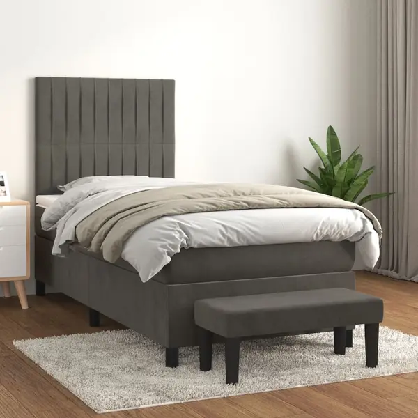 Gossi pat box spring cu saltea, gri inchis, 90x200 cm, catifea
