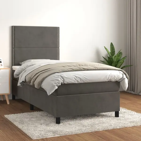 Gossi pat box spring cu saltea, gri inchis, 90x200 cm, catifea