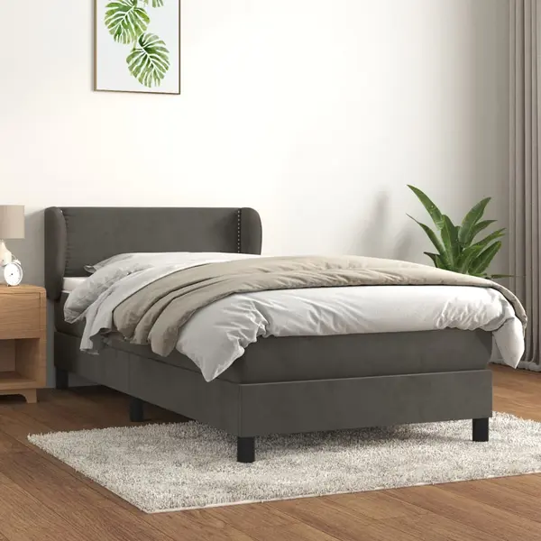 Gossi pat box spring cu saltea, gri inchis, 90x200 cm, catifea