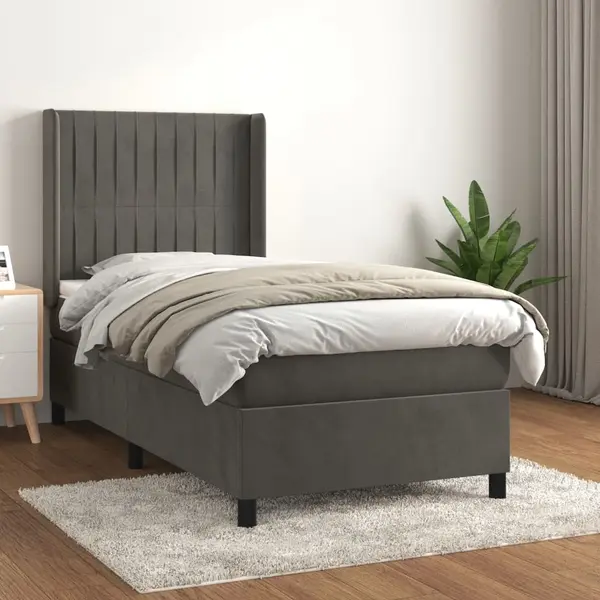 Gossi pat box spring cu saltea, gri inchis, 90x200 cm, catifea