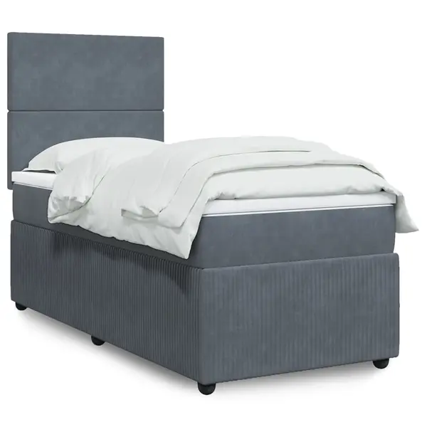 Gossi pat box spring cu saltea, gri inchis, 90x200 cm, catifea
