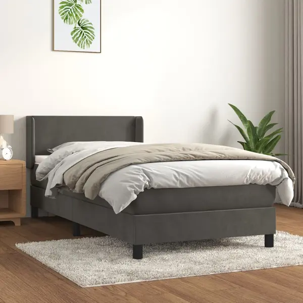 Gossi pat box spring cu saltea, gri inchis, 90x200 cm, catifea