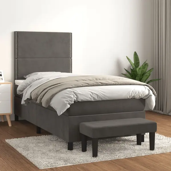 Gossi pat box spring cu saltea, gri inchis, 90x200 cm, catifea
