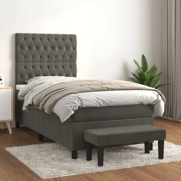 Gossi pat box spring cu saltea, gri inchis, 90x200 cm, catifea
