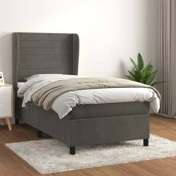 Gossi pat box spring cu saltea, gri inchis, 90x200 cm, catifea