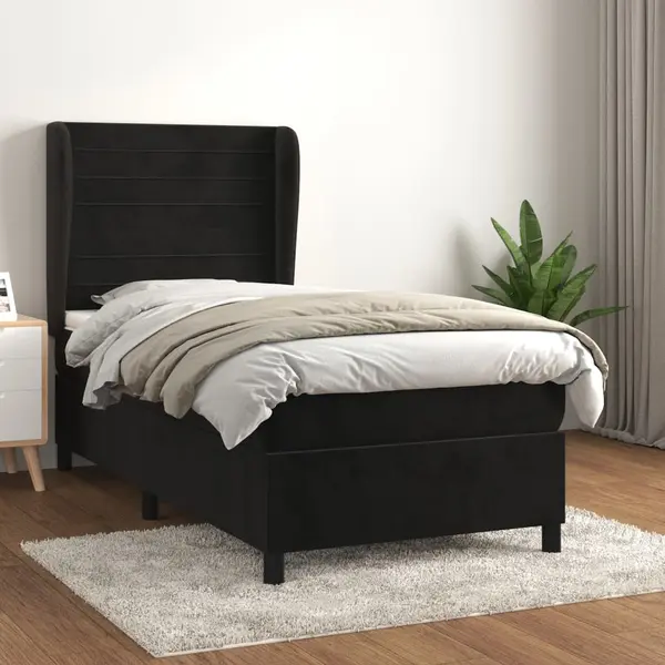 Gossi pat box spring cu saltea, negru, 100x200 cm, catifea