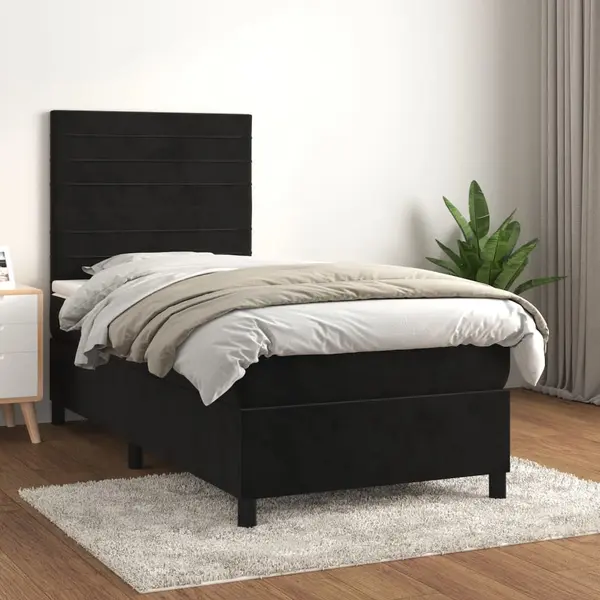 Gossi pat box spring cu saltea, negru, 100x200 cm, catifea