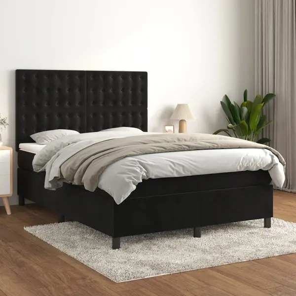 Gossi pat box spring cu saltea, negru, 140x190 cm, catifea