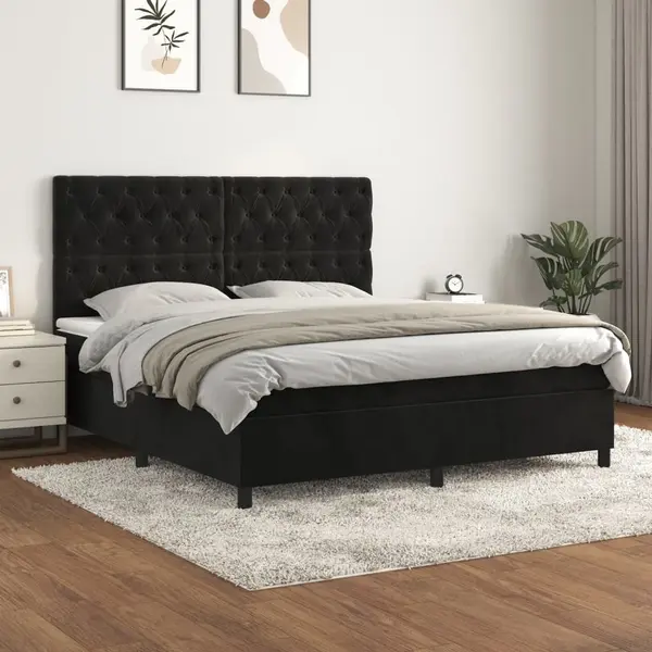 Gossi pat box spring cu saltea, negru, 160x200 cm, catifea