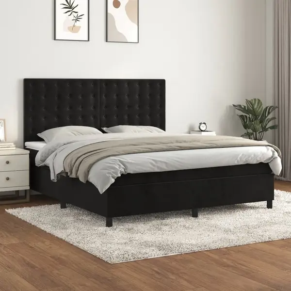 Gossi pat box spring cu saltea, negru, 160x200 cm, catifea