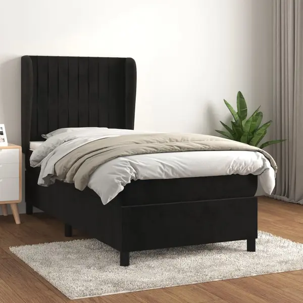 Gossi pat box spring cu saltea, negru, 80x200 cm, catifea