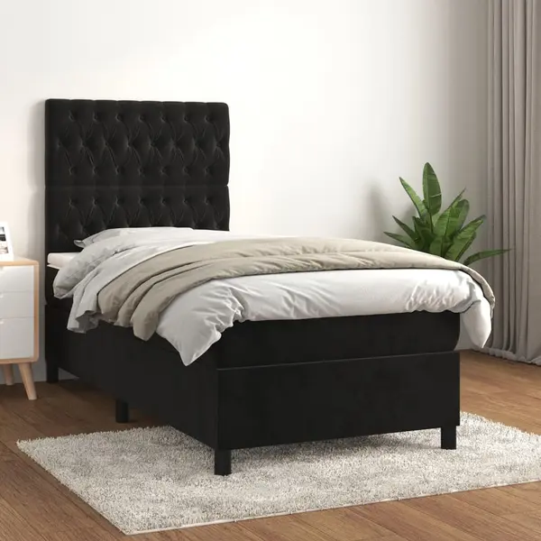 Gossi pat box spring cu saltea, negru, 80x200 cm, catifea