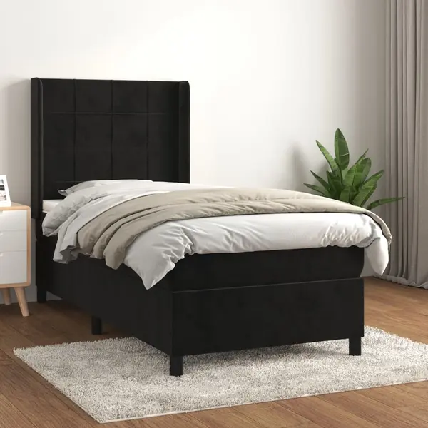 Gossi pat box spring cu saltea, negru, 80x200 cm, catifea