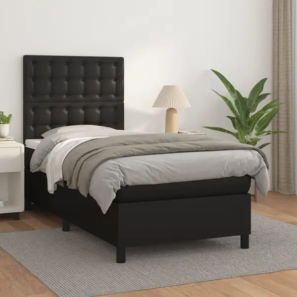 Gossi pat box spring cu saltea, negru, 80x200 cm, piele ecologica
