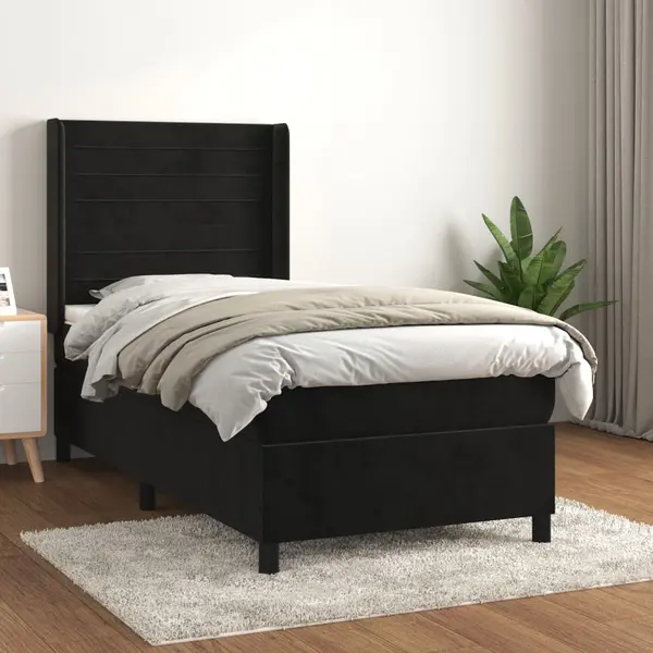 Gossi pat box spring cu saltea, negru, 90x190 cm, catifea