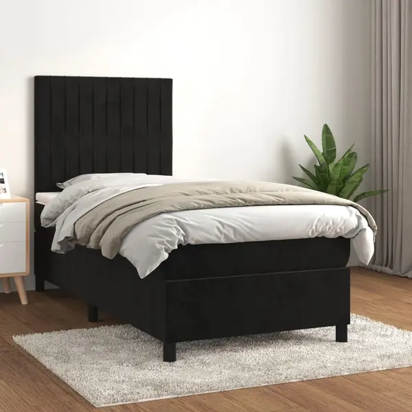 Gossi pat box spring cu saltea, negru, 90x190 cm, catifea