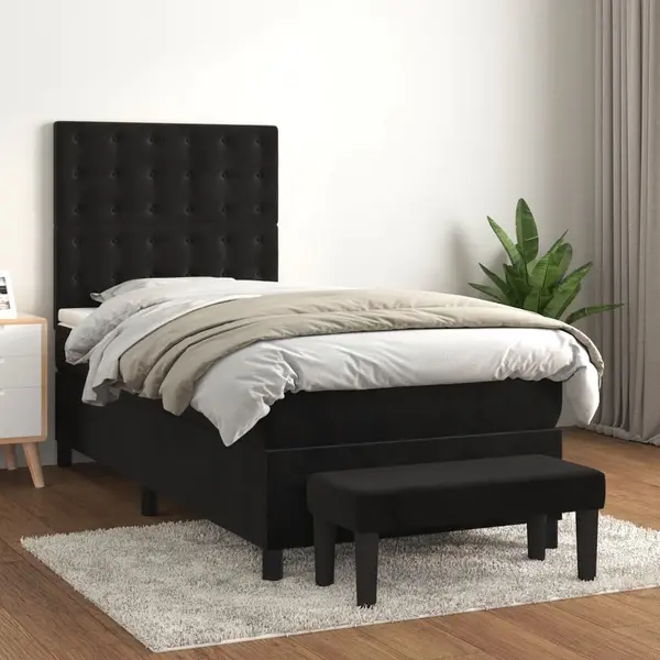 Gossi pat box spring cu saltea, negru, 90x190 cm, catifea