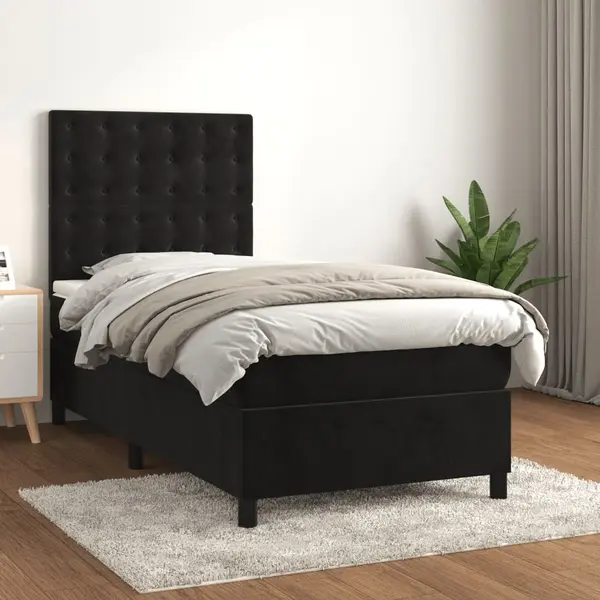 Gossi pat box spring cu saltea, negru, 90x190 cm, catifea