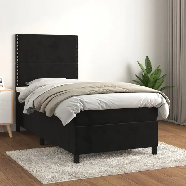 Gossi pat box spring cu saltea, negru, 90x190 cm, catifea