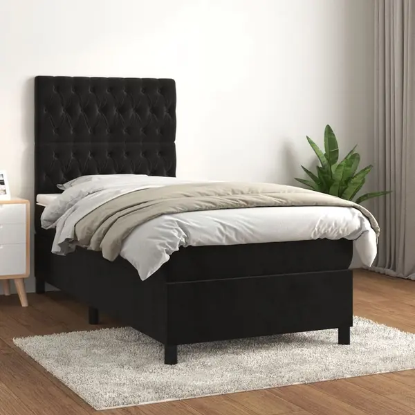 Gossi pat box spring cu saltea, negru, 90x200 cm, catifea