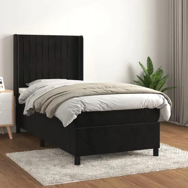 Gossi pat box spring cu saltea, negru, 90x200 cm, catifea