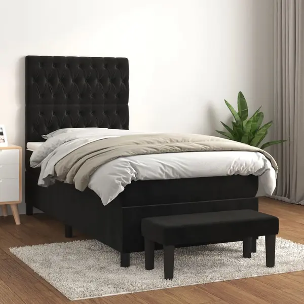 Gossi pat box spring cu saltea, negru, 90x200 cm, catifea