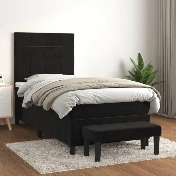 Gossi pat box spring cu saltea, negru, 90x200 cm, catifea