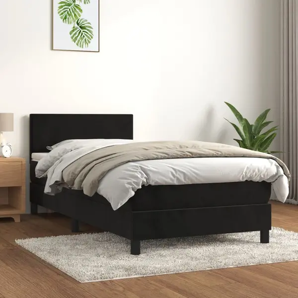 Gossi pat box spring cu saltea, negru, 90x200 cm, catifea