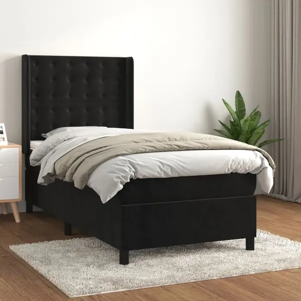 Gossi pat box spring cu saltea, negru, 90x200 cm, catifea