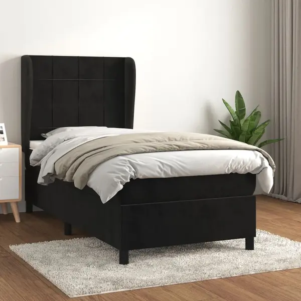 Gossi pat box spring cu saltea, negru, 90x200 cm, catifea