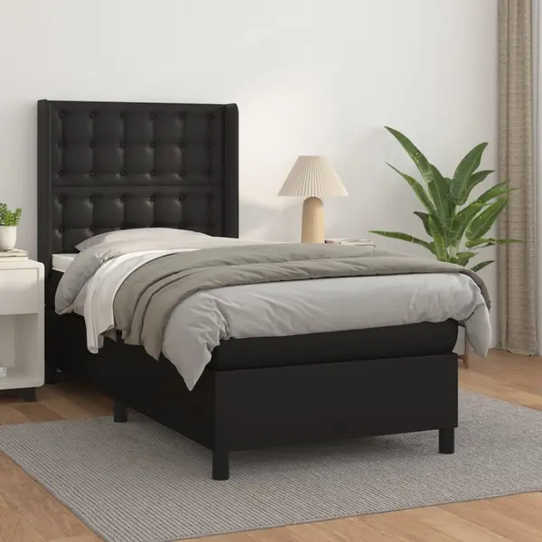 Gossi pat box spring cu saltea, negru, 90x200 cm, piele ecologica