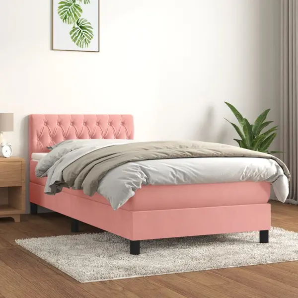 Gossi pat box spring cu saltea, roz, 100x200 cm, catifea