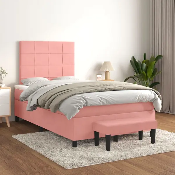 Gossi pat box spring cu saltea, roz, 120x200 cm, catifea