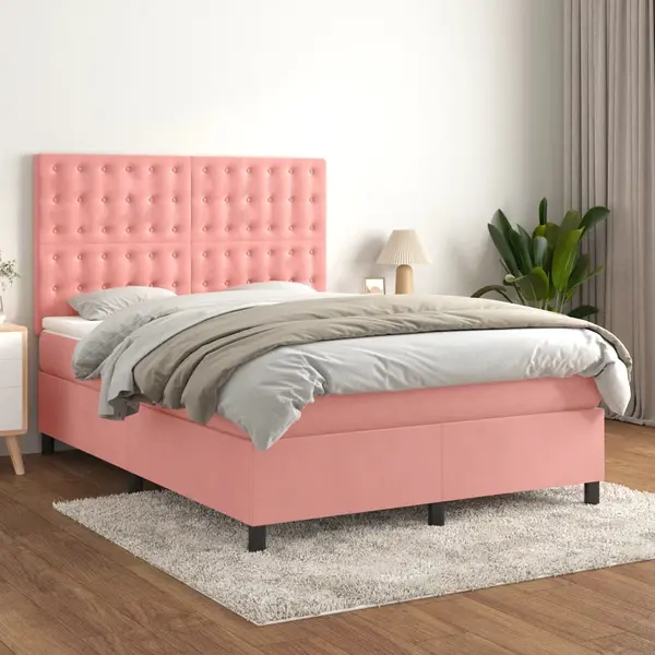 Gossi pat box spring cu saltea, roz, 140x190 cm, catifea