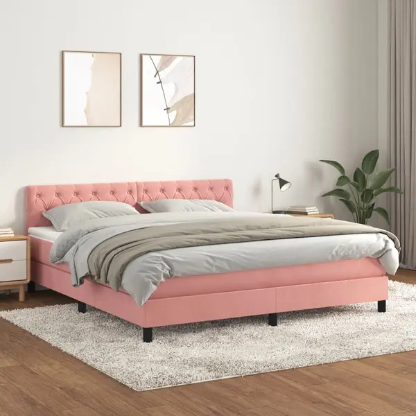 Gossi pat box spring cu saltea, roz, 160x200 cm, catifea