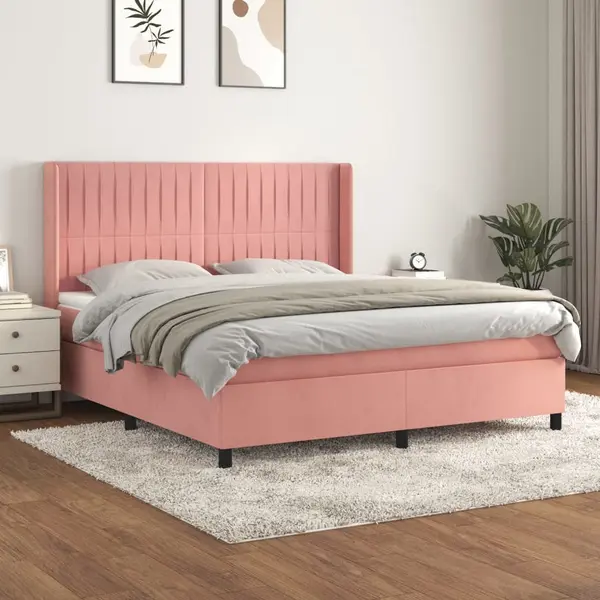 Gossi pat box spring cu saltea, roz, 160x200 cm, catifea