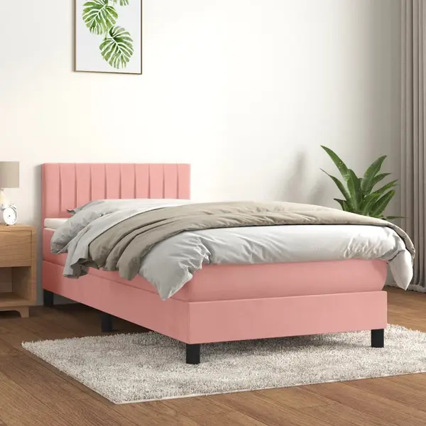 Gossi pat box spring cu saltea, roz, 90x190 cm, catifea