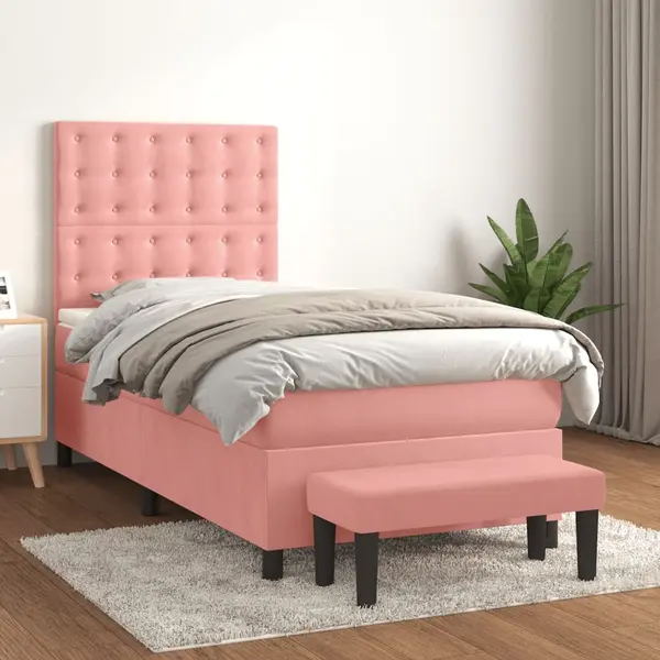 Gossi pat box spring cu saltea, roz, 90x190 cm, catifea