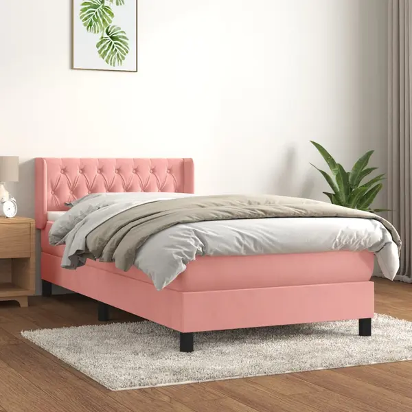 Gossi pat box spring cu saltea, roz, 90x190 cm, catifea