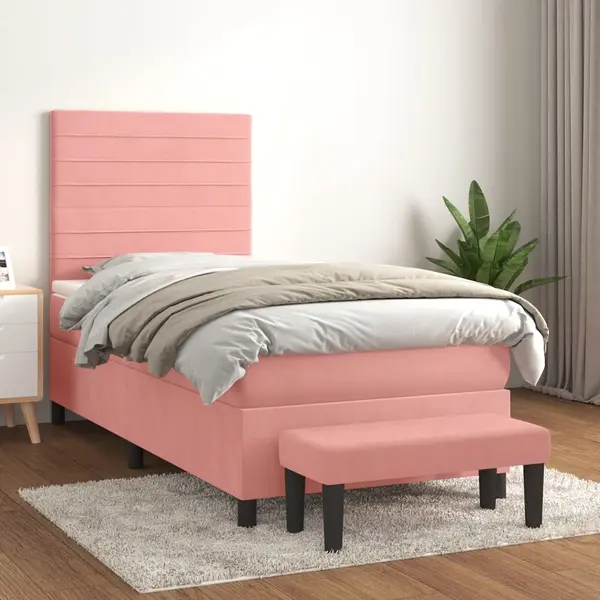 Gossi pat box spring cu saltea, roz, 90x190 cm, catifea