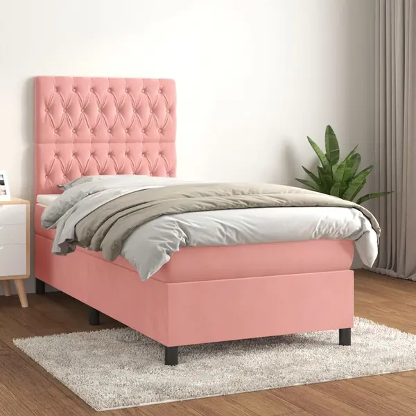 Gossi pat box spring cu saltea, roz, 90x200 cm, catifea