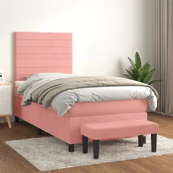 Gossi pat box spring cu saltea, roz, 90x200 cm, catifea