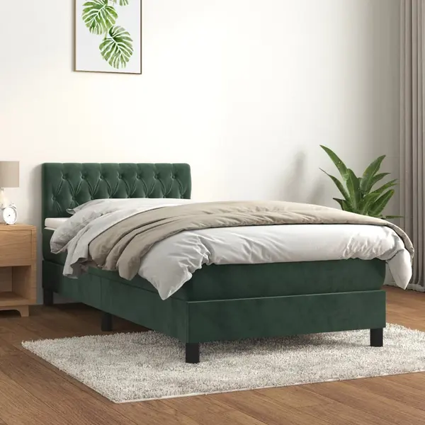 Gossi pat box spring cu saltea, verde inchis, 100x200 cm, catifea