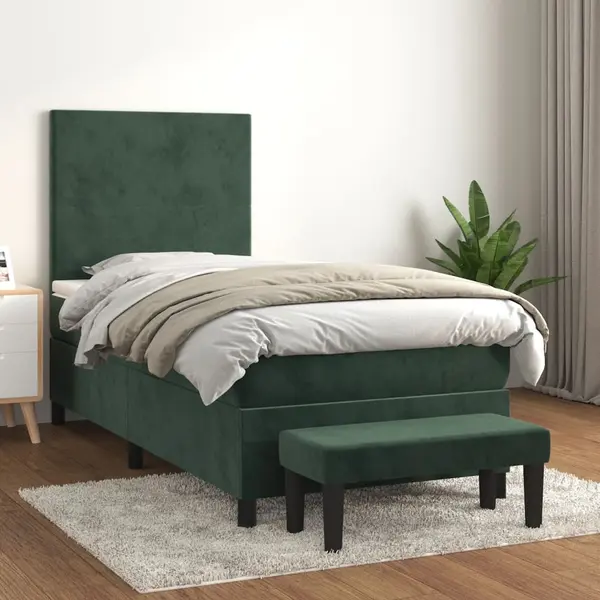 Gossi pat box spring cu saltea, verde inchis, 100x200 cm, catifea